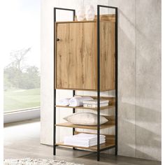 a wooden cabinet with black metal frame and shelves on the wall next to a white rug