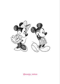 two mickey and minnie mouses with one pointing at the other's head, in black and white