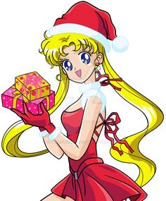 a cartoon girl in a santa hat holding a gift box and wearing a red dress