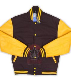 Brown and Gold yellow men women varsity baseball college bomber streetwear jacket Prom Jacket, Varsity Jacket Outfit, Baseball Varsity Jacket, Leather Sleeves, Yellow Jacket, Custom Jacket, Letterman Jacket, Leather Sleeve, Yellow Leather