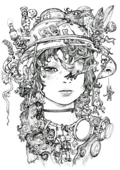 a drawing of a woman with many things on her head