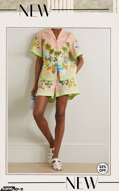 Coconut Scenery Linen Blend Tropical Print Blouse and Elastic Waist Pocketed Shorts Set Summer Pink Blouse With Pockets, Spring Short Blouse, Summer Daywear Blouse With Pockets, Print Blouse, Shorts Set, Elevate Your Style, Tropical Print, Shorts With Pockets, Printed Blouse