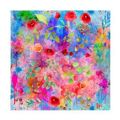 an abstract painting with flowers and leaves