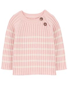 Pink Baby Striped Ribbed Sweater Knit Top | carters.com Cozy Striped Ribbed Tops, Cozy Striped Ribbed Sweater, Winter Striped Sweater With Ribbed Neckline, Fall Striped Cable Knit Sweater, Winter Striped Ribbed Top, Winter Ribbed Striped Top, Cute Ribbed Tops For Fall, Striped Ribbed Cotton Sweater, Striped Cotton Sweater With Ribbed Detail