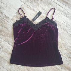 Faux Suede Plum Cami With Black Lace Detail. Nwt Fashion Definition, Velvet Cami Top, Whimsical Goth, Purple Y2k, Converse T Shirt, Visual Archive, Madewell Blouse, Real Fashion, Velvet Cami