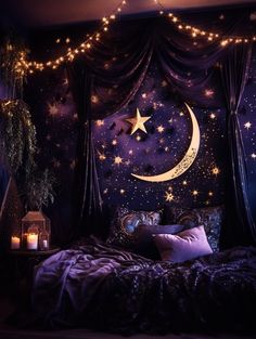 a bed with a star and moon on the wall next to a night sky curtain