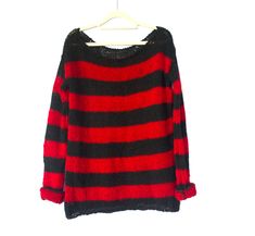 80s Punk Style, Red And Black Striped Sweater, Grunge Sweater, Black Striped Sweater, Pull Mohair, Mohair Jumpers, Goth Outfit, Punk Shirt, Grunge Clothing