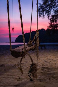 a rope swing on the beach at sunset with pink and purple sky in the background