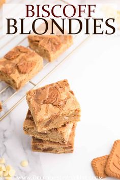 a stack of biscoff blondies sitting on top of a white counter