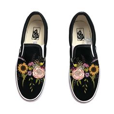 Wildflower Vans Slip Ons have been customized with a wildflower bouquet.  These Vans shoes have canvas uppers.  Vulcanized waffle rubber outsoles. For Men and Women.  We source each pair of shoes brand new directly from Vans.  The ink is permanent and will never come off. Made in the USA. This price includes everything: shoes, artwork, and shipping. Thanks for stopping by our Etsy shop! Please message us with any questions! Sizes listed are in US sizing scale. If you have any issues with your order, please feel free to reach out to us and we will be more than glad to help you! Note: Blvd Custom is in no way affiliated with any of the shoe brands or companies that are featured on our website. Each pair of shoes is ordered lawfully bought at retail price. Spring Slip-on Custom Sneakers With Vulcanized Sole, Spring Canvas Custom Sneakers With Rubber Sole, Hand Painted Slip-on Sneakers For Spring, Black Slip On Vans, Vans Slip On, Wildflower Bouquet, Black Slip Ons, Vans Shoes, Shoe Brands