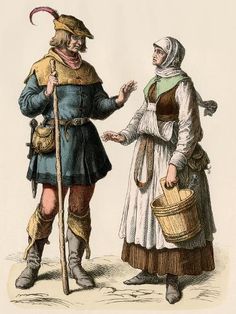 two people dressed in medieval clothing, one holding a basket and the other wearing a hat