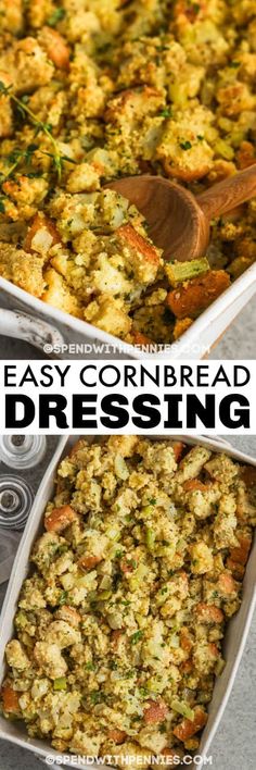 an easy cornbread casserole recipe is shown in two separate pans with the title above it