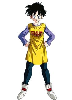 an anime character wearing a yellow shirt and blue pants with his hands on his hips