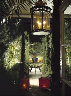 a lantern hanging from the ceiling in a garden