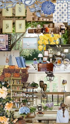 a collage of photos with flowers, books and pictures on the wall above them