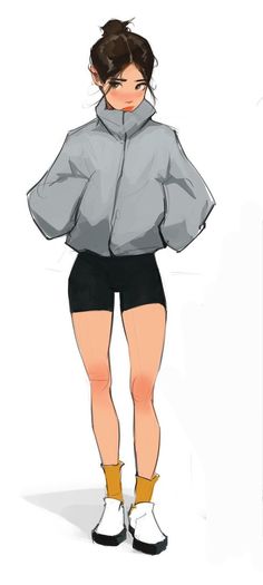 a drawing of a woman in shorts and a hoodie standing with her hands on her hips