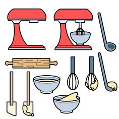 kitchen utensils and mixers on a white background