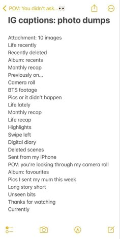 an iphone screenshot with the caption'ig captions photo dumps '