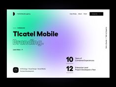 the website for ticatel mobile branding is displayed on a black background with purple and green hues