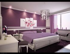 a bedroom with purple and white decor in the corner, along with a chandelier hanging from the ceiling