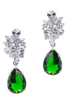 An oversized emerald-hued pear dangles from an elegant cluster of mixed-cut CZ stones on a refined statement earring. Post back Silvertone plate/cubic zirconia Imported Glamorous Green Teardrop Jewelry, Green Pear-shaped Teardrop Earrings, Green Drop Teardrop Earrings For Formal, Green Teardrop Earrings For Formal Occasions, Formal Green Teardrop Drop Earrings, Green Pear-shaped Teardrop Earrings For Formal Occasions, Green Pear-shaped Earrings For Party, Charm Chain, Earring Post