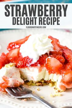 a strawberry dessert with whipped cream and fresh strawberries on top is ready to be eaten