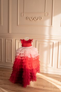 Red Ombre Tutu Dress, Girl Tiered Dress, Tulle Toddler Dress Girl Red Ombre Assymetrical dress with detachable train Girl multilayered tiered tulle dress with satin top part Tutu high low dress is perfect for any special occasion in life of your daughter - birthday, party, wedding as flower girl and any other event. With this dress your daughter will receive many compliments and such trendy look will underline her beautyness. Any color combination is possible. Color: soft pink, salmon, red, burg Red Sleeveless Princess Dress For Pageant, Red Sleeveless Princess Dress, Red Sleeveless Tulle Dress, Sleeveless Red Tulle Dress, Red Princess Dress For Spring Parties, Fitted Red Tutu Dress For Spring, Red Princess Dress With Ruffles, Red Tulle Dress For Pageant, Red Tulle Dress For Pageants