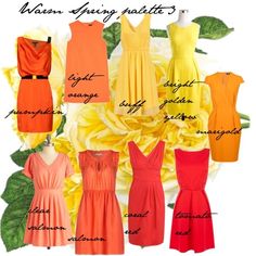 different types of dresses on display with yellow flowers in the background and green leaves around them