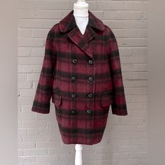 Nice Oversized Double Breasted Check Plaid Roomy Front Pockets And Upper Pockets Fully Lined In Excellent Condition Size Small Length 34” Pi- Pit 20” Arm Length 24” Oversized Red Outerwear With Buttons, Red Oversized Outerwear With Buttons, Oversized Red Wool Outerwear, Red Oversized Wool Outerwear, Red Wool Oversized Outerwear, Casual Coach Winter Outerwear, Oversized Burgundy Winter Outerwear, Oversized Burgundy Outerwear For Winter, Classic Coach Outerwear For Fall