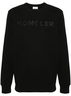 black cotton jersey texture tonal design ribbed crew neck tonal embroidered logo to the front long sleeves logo patch at the sleeve ribbed cuffs and hem authenticity QR code French terry lining pull-on style Luxury Black Sweatshirt With Embroidered Logo, Luxury Men's Hoodie With Embroidered Logo, Luxury Black Sportswear Sweatshirt, Luxury Men's Logo Print Sweatshirt, Moncler Sweatshirt, Moncler Logo, Monogram Sweatshirt, Authentic Models, Jersey Sweatshirt