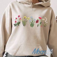 Wildflower Embroidered Sweatshirt, Floral Botanical Embroidery, Floral Embroidered Hoodie, Trendy sweatshirt Gift for her Gifts for friends  Firstly, Thank you for shopping with us!  Seeking a distinctive and personalized gifts that will leave a lasting impression? Look no further than our custom Renaissance portraits. We understand the importance of finding the perfect gift for any occasion. Whether it's a birthday, Valentine's Day, Christmas, Mother's Day, Father's Day, anniversary, or any oth Long Sleeve Tops With Embroidered Logo For Spring, Spring Long Sleeve Tops With Embroidered Logo, Spring Casual Hoodie With Embroidered Logo, Casual Spring Hoodie With Embroidered Logo, Spring Casual Sweatshirt With Embroidered Graphics, Casual Embroidered Sweatshirt For Spring, Long Sleeve Sweatshirt With Letter Embroidery For Spring, White Sweatshirt With Custom Embroidery For Spring, Spring Hoodie With Letter Embroidery And Long Sleeves