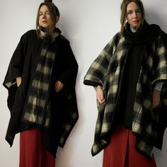 Vintage winter wool poncho / Reversible brown plaid checkered cape / Poncho coat with scarf / Beautiful winter wool poncho. One side is brown the other side is plaid. Both sides have pockets. Has attached scarf.  Approx length (measured flat): 87 cm (34.25'') Condition: very good vintage condition. Model in the photos is size 8UK/4US; 164 cm/5'5''  Due to camera and your monitor settings colors may appear slightly different than they are in real life. PLEASE read description. For better fitting Black Winter Poncho With Scarf, Winter Black Poncho With Scarf Detail, Winter Black Poncho With Scarf, Black Poncho With Scarf For Winter, Oversized Winter Cape For Cold Weather, One Size Cape For Cold Weather, Winter Scarf For Cold Weather, Black Shawl Winter Outerwear, Winter Poncho Cape For Cold Weather