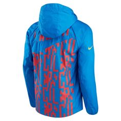 Grab this AWF full-zip jacket from Nike for a lightweight layer filled with Barcelona spirit. Its breathable fabric combined with raglan sleeves creates a sleek hoodie that's easy to move in. Plus, the water-repellent shell and durable fabric help protect you from wild weather. Best of all, the striking Barcelona graphics and sublimated design enhance your undeniable pride. Machine wash, tumble dry low Two side pockets Officially licensed Water-repellent Long sleeve Hood with drawstring Material Athleisure Sports Windbreaker With Zipper Closure, Athleisure Windbreaker With Zipper For Sports, Athleisure Windbreaker With Zipper Closure For Sports, Sportswear Outerwear With Zipper Closure, Outdoor Blue Hooded Jacket With Zipper Closure, Blue Hooded Jacket With Zipper For Outdoor, Hooded Technical Windbreaker For Fall, Nike Technical Outdoor Outerwear, Nike Technical Outerwear For Outdoor