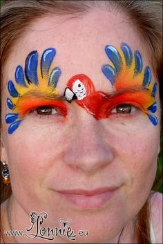 Quick Face Paint Designs, Unique Face Painting Ideas, Parrot Face Paint, Bird Face Painting, Bird Face Paint, Tag Face Paint, Mime Face Paint, Bird Makeup, Animal Face Paintings