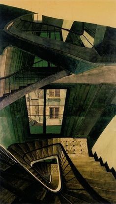 an abstract painting of stairs leading up to a building