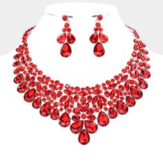 Formal Stone Crystal Beautiful Evening Statement Necklace Fashion Jewelry Set Necklace Size: 16" + 2.5" L Decor Size: 2.5" L Earring Size: 2" L Color: Red Red, Rhodium Silver Hardware R 19848 N Red Costume Jewelry Necklaces For Party, Glamorous Red Crystal Necklaces, Red Rhinestone Necklace For Party, Red Crystal Jewelry For Valentine's Day, Elegant Red Jewelry Sets For Party, Crystal Necklaces For Valentine's Day Party, Red Jewelry For Valentine's Day Party, Red Necklace For Valentine's Day Party, Red Valentine's Party Jewelry