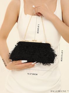 BagForLove - Chic Medium Chain Evening Bag with Clip Top - Perfect for Parties Product Description Color Black Details Fringe Magnetic No Strap Type Top Handle Bag Size Medium Style Glamorous Pattern Type Plain Type Square Bag Closure Type Kiss Lock Material Polyester Composition 100% Polyester Size Chart INCH CM Bag Height Bag Length Bag Width Handle Height Strap Length 0.8 inch 10.2 inch 4.9 inch 7.9 inch 46.5 inch Bag Height Bag Length Bag Width Handle Height Strap Length 2 cm 26 cm 12.5 cm 20 cm 118 cm Details Pictures Similar Products h2 { text-align: center; } /* æ¢è¡ */ li{ white-space: normal; word-break: break-all; word-wrap: break-word; } .red-box { width: 100%; display: flex; flex-direction: row; flex-wrap: wrap; justify-content: center; } .red-box > div { width: 190px; height Black Handheld Evening Bag With Chain Strap, Evening Handheld Chain Bag, Black Shoulder Bag With Chain Strap For Events, Black Clutch Evening Bag With Chain, Black Clutch With Chain, Black Evening Clutch With Chain, Event Pouch Bag With Chain Strap, Chic Black Bag For Events, Black Chain Evening Bag