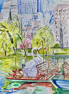 a watercolor painting of a swan on a boat in a lake with city buildings behind it