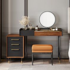 a dressing table with a mirror and stool next to it