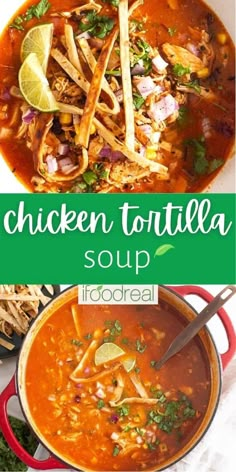 chicken tortilla soup in a red bowl with lime and cilantro on the side