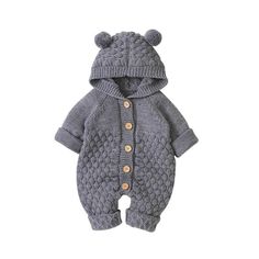 BEAR Knitted Romper - Hazel & Bo Winter Knitted Long Sleeve Onesie, Gray Long Sleeve Jumpsuits And Rompers For Winter, Gray Winter Loungewear Jumpsuits And Rompers, Knitted Bodysuit, Warm Outfit, Jumpsuit Winter, Hooded Jumpsuit, Winter Newborn, Clothes Sweater