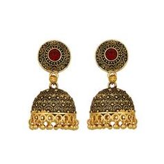 Gold Rodium Polish Red and Maroon color Earrings in Brass studded with Beads Red Metal Earrings For Festivals, Red Hoop Earrings With Latkans For Festivals, Red Latkans Hoop Earrings For Festivals, Elegant Red Metal Danglers, Red Metal Earrings With Latkans, Traditional Red Metal Danglers, Antique Red Brass Jewelry, Red Round Metal Earrings, Traditional Red Brass Earrings