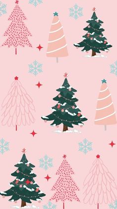 christmas trees on pink background with snowflakes