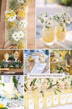 yellow and white wedding theme with lemons, flowers, and other things in jars