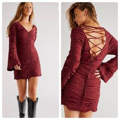 Turn Heads In This Timeless Mini Dress Featured In A Textured, Ruched Fabrication With Rivet Detailing At Seams And Exaggerated Lace-Up Back Detail For Added Dimension. Fit: Fitted, V-Neck Silhouette Features: Bell Sleeves, Effortless Pull-On Style, Ruching Throughout, Side Zipper, Scalloped Bottom Hem Why We <3 It: The Perfect Throw-On-And-Go Mini For Any Occasion, This Effortless Dress Is Designed To Take You From Your Daytime Thing To Your Special Date Night Out. Care/Import Hand Wash Cold Im Free People Western, 70s Fashion Dresses, Free People Sweater Dress, Western Romance, Black Lace Mini Dress, Tie Maxi Dress, Free People Mini Dress, Embroidered Tunic Top, Combo Dress