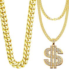 PRICES MAY VARY. 👑 【HIP HOP CHAIN NECKLACE】 💲： You will get two chunky gold necklaces in the package. Our gold chains have three styles: gold rope chain, gold dollar sign necklace and gold chain with round pendant. You can match gold accessories according to your daily wear style. Although it is a fake gold chain, but it has a shiny appearance and nice feel. 👑 【GOLD PLATED NECKLACE】 💲: These pendant chain necklace are made of solid zinc alloy material, which make the necklace sturdy and dura 90s Hip Hop Costume, Trendy Gold Necklace For Streetwear, Gold Metal Necklaces For Streetwear, Gold Cuban Link Necklace For Streetwear, Rapper Chains, Gold Chain Hip Hop, Hip Hop Jewelry Amazon.com, Gold Dollar, Hip Hop Necklace