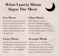 a poster with the names of different types of moon signs in black on white paper