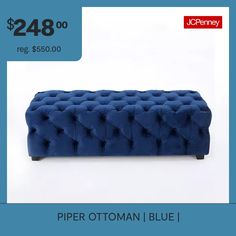 a blue bench sitting on top of a white floor next to a sign that says $ 24