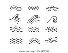 set of water waves line icons on white background