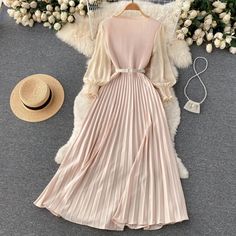 Olivia Mark - Professional Product Title: Chic Waist-Cinching Dress with Flared Pleated Skirt Fitted Skirted Beige Dress, Fitted Beige Skirted Dress, Pleated Skirted Dress, Fitted Beige Dress, Bridal Hijab Styles, Bridal Hijab, Closet Needs, Hijab Styles, Pleated Maxi Dress